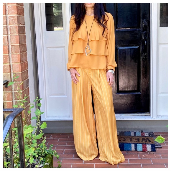 ShopEvelynne Pants - Chic Mustard striped wide leg palazzo pants